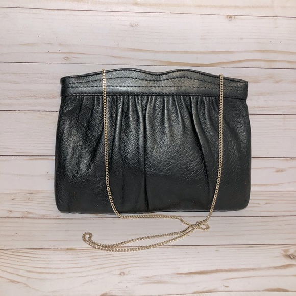 Vintage 80’s Ande Black Leather Clutch/Crossbody Gold Chain Strap - Picture 3 of 11